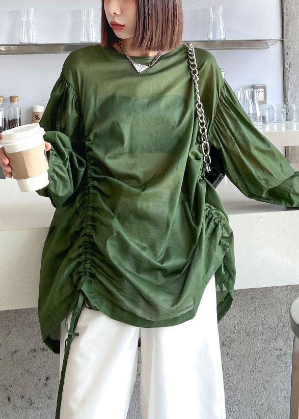Women Green Pockets drawstring Long sleeve Summer Tops