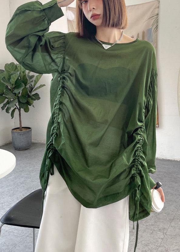 Women Green Pockets drawstring Long sleeve Summer Tops