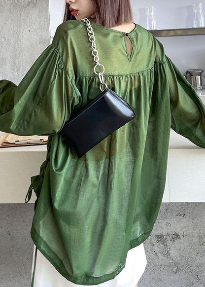 Women Green Pockets drawstring Long sleeve Summer Tops