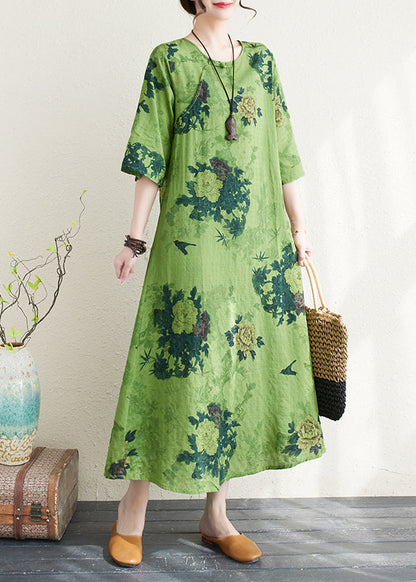 Green Print Chinese Button Linen a Line Dress Summer