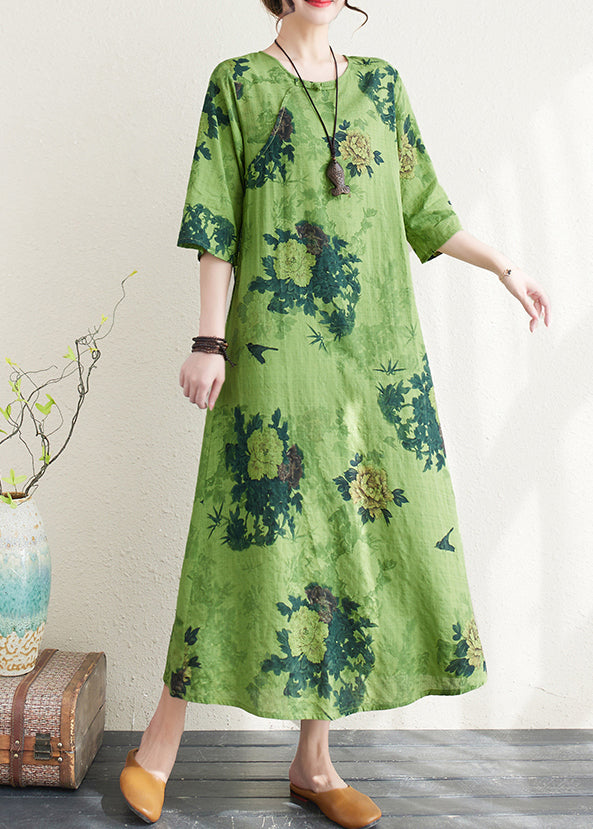 Green Print Chinese Button Linen a Line Dress Summer