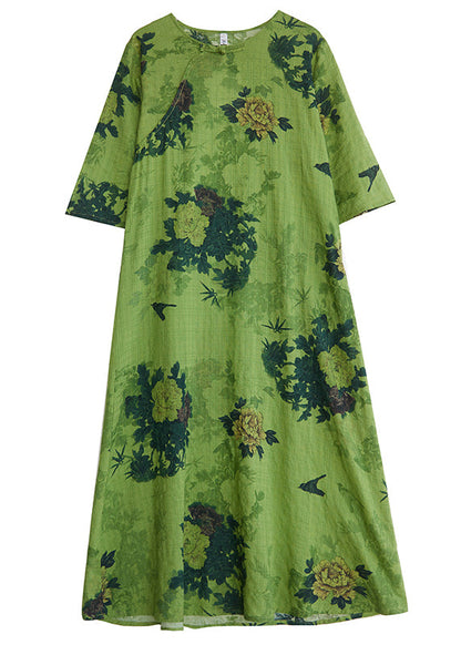 Green Print Chinese Button Linen a Line Dress Summer