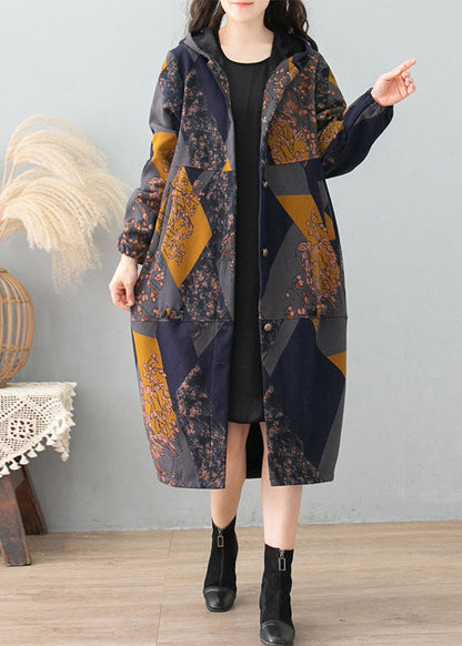 Green Print Hooded Patchwork Thick Cotton Trench Winter