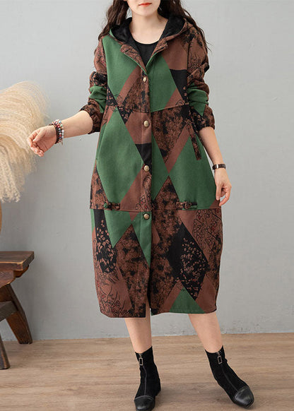 Green Print Hooded Patchwork Thick Cotton Trench Winter