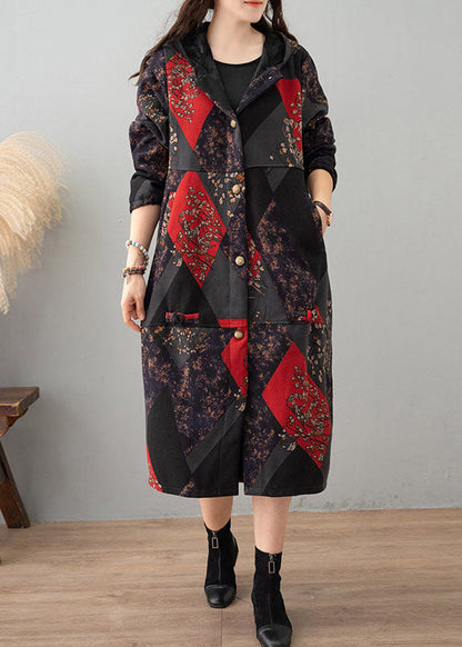 Green Print Hooded Patchwork Thick Cotton Trench Winter