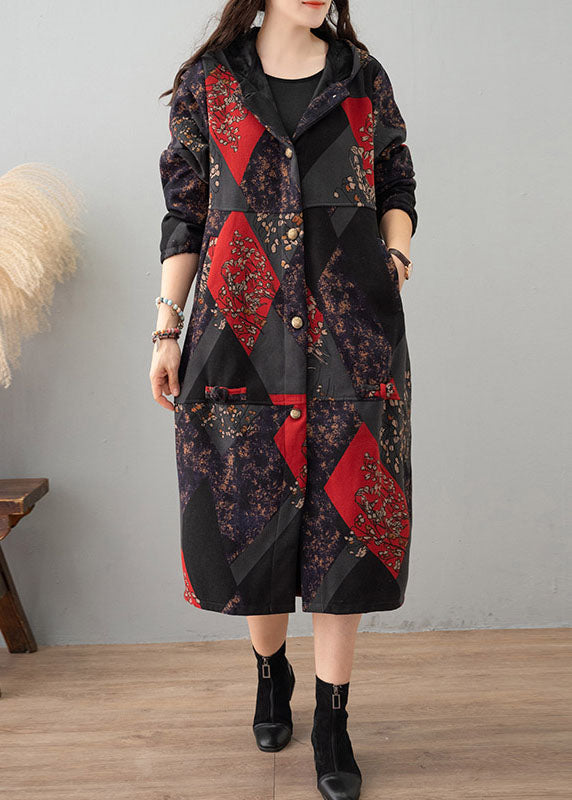 Green Print Hooded Patchwork Thick Cotton Trench Winter
