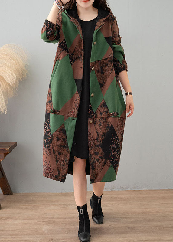 Green Print Hooded Patchwork Thick Cotton Trench Winter