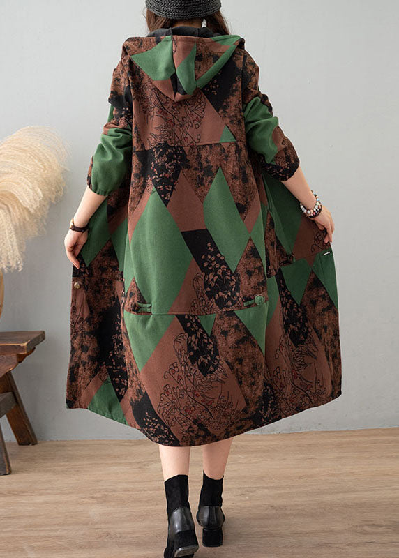 Green Print Hooded Patchwork Thick Cotton Trench Winter