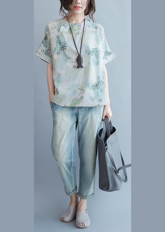 Green Print Linen Blouse Tops Short Sleeve