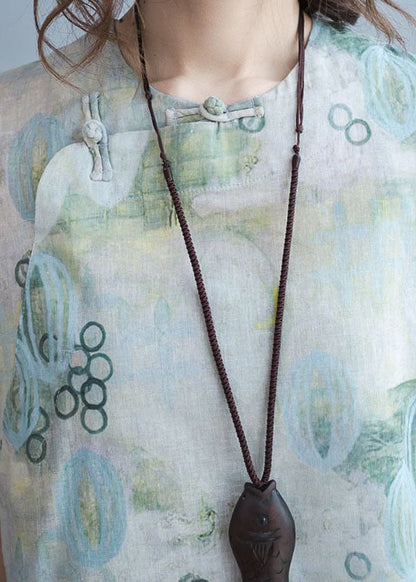 Green Print Linen Blouse Tops Short Sleeve