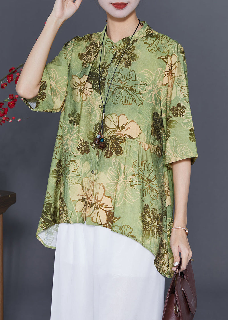 Green Print Low High Design Cotton Blouses Summer
