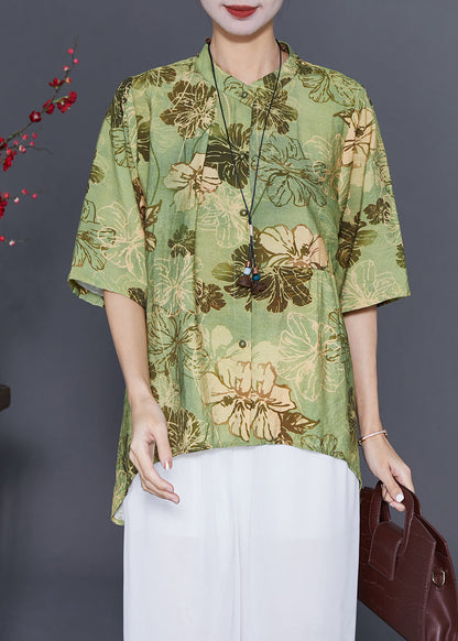 Green Print Low High Design Cotton Blouses Summer