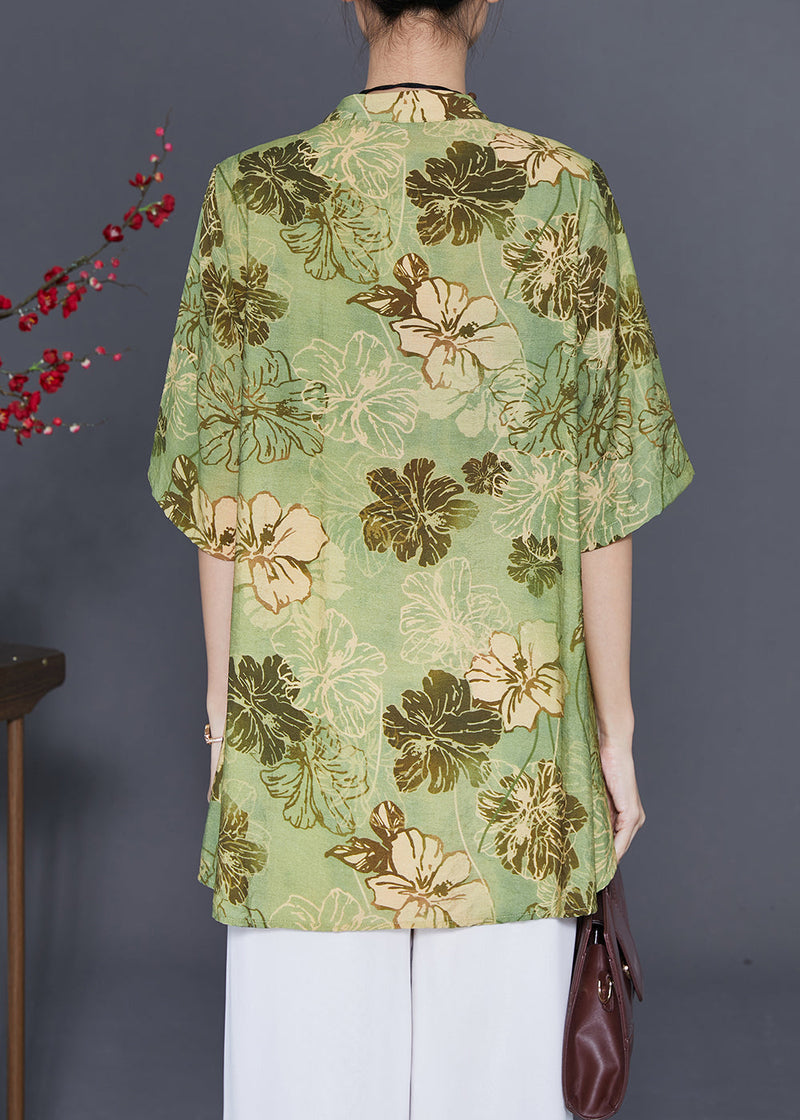 Green Print Low High Design Cotton Blouses Summer