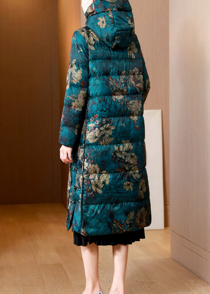 Green Print Pockets Chinese Button Cotton Blend Puffers Coat Winter