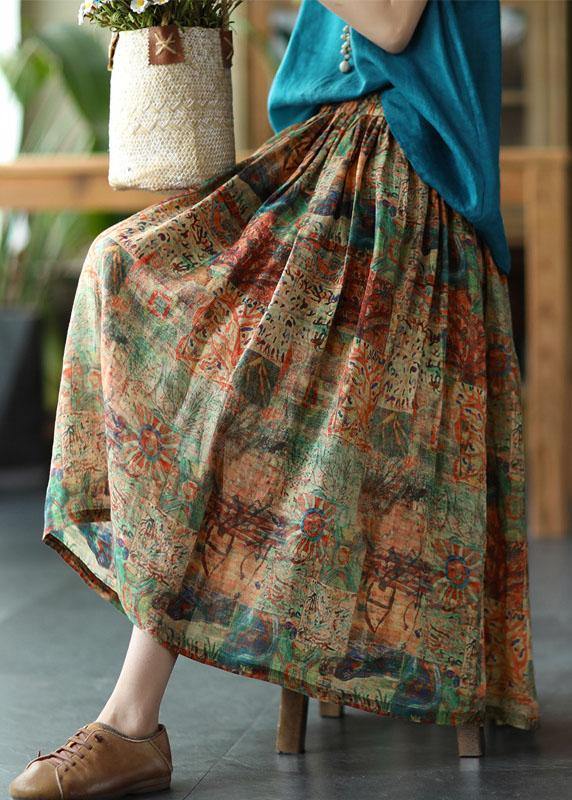 Brown and Red Stripes Ramie Elastic Waist Skirt