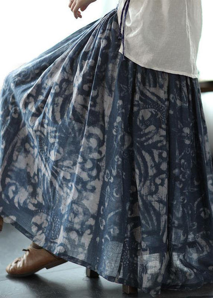 Brown Flower Ramie Elastic Waist Skirt