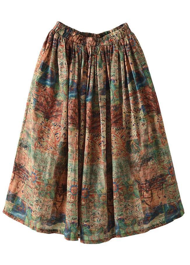 Black Flower Elastic Waist Print Linen Skirts Summer