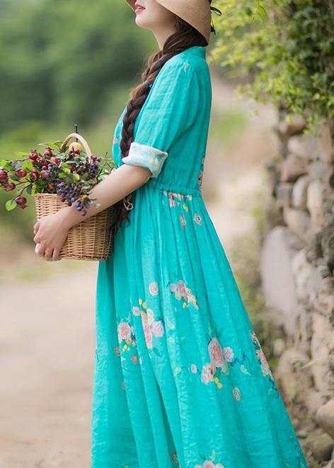 Green Print Robes Patchwork Drawstring Robe Spring Dress