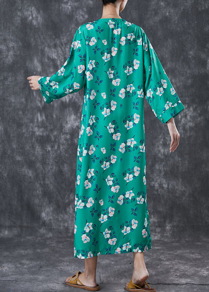 Green Print Side Open Cotton Long Dresses Spring