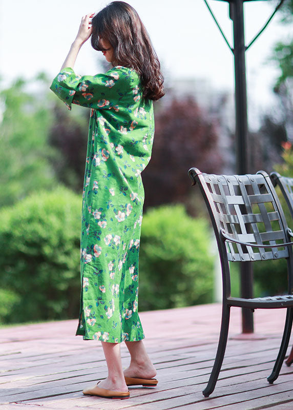 Green Print Side Open Linen Long Dress Spring