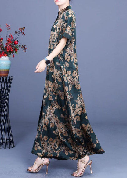 Green Print Silk Oriental Vacation Dresses Summer