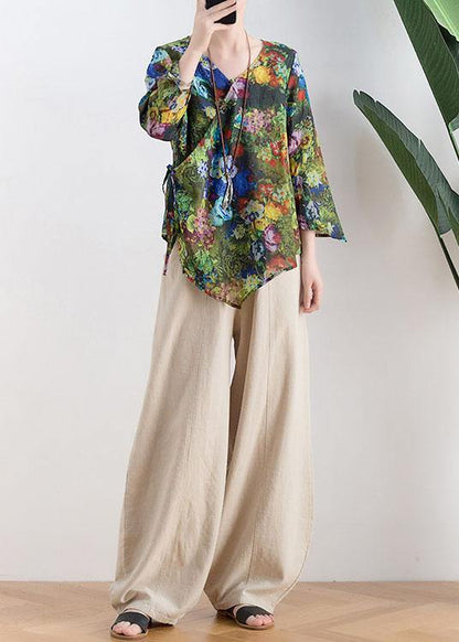 Women Green Print Tie Waist Linen Summer Shirt Top