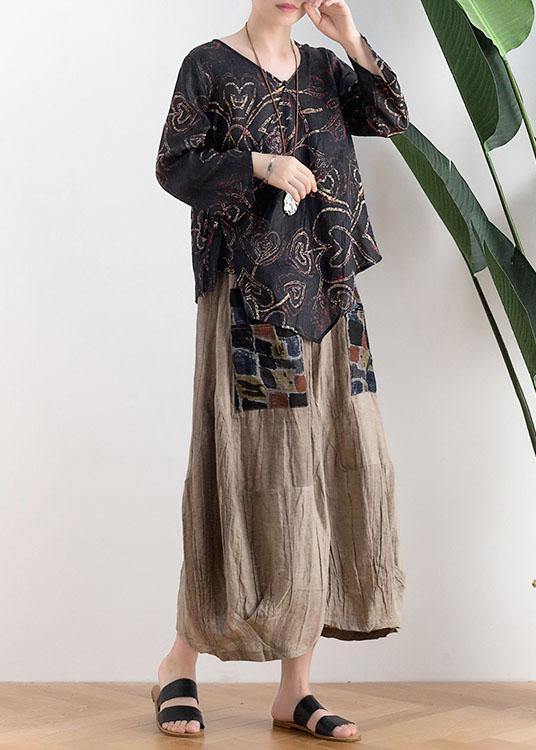 Green Print Tie Waist Linen Summer Shirt Top