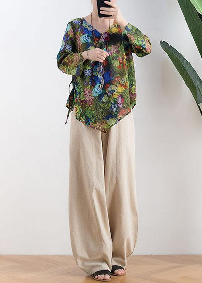 Women Green Print Tie Waist Linen Summer Shirt Top