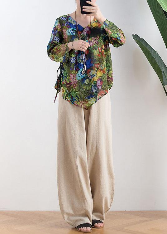 Green Print Tie Waist Linen Summer Shirt Top