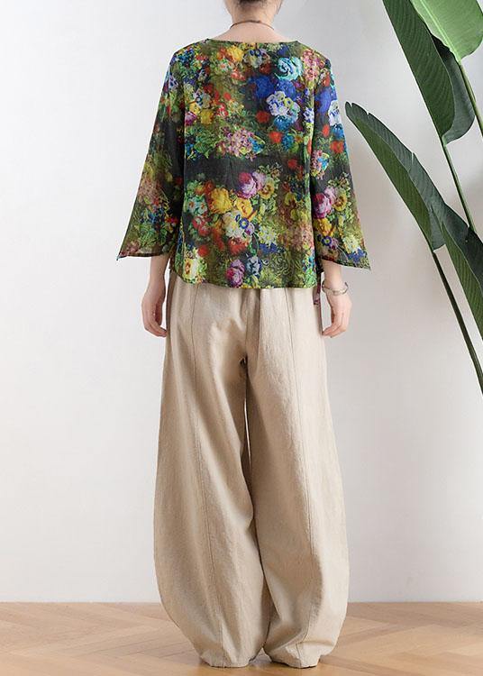 Women Green Print Tie Waist Linen Summer Shirt Top