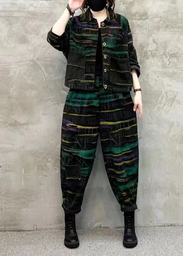 Green Print Tops and Pants Denim Two Piece Set Fall
