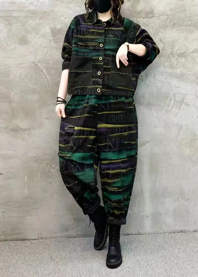 Green Print Tops and Pants Denim Two Piece Set Fall