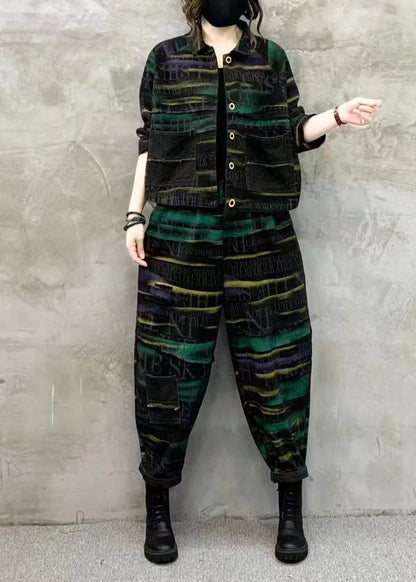 Green Print Tops and Pants Denim Two Piece Set Fall