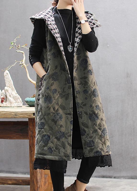 Green Print Winter Coats Hooded Sleeveless Outwear