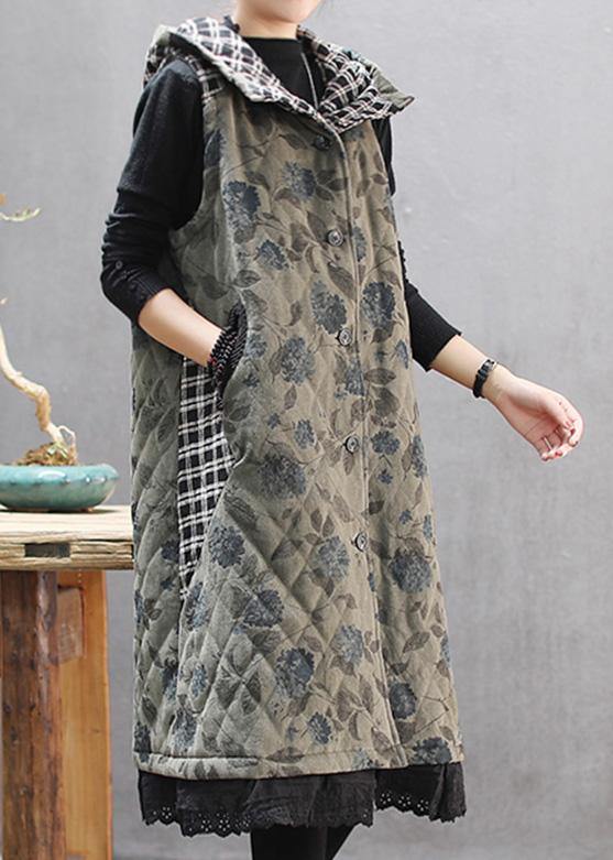 Green Print Winter Coats Hooded Sleeveless Outwear