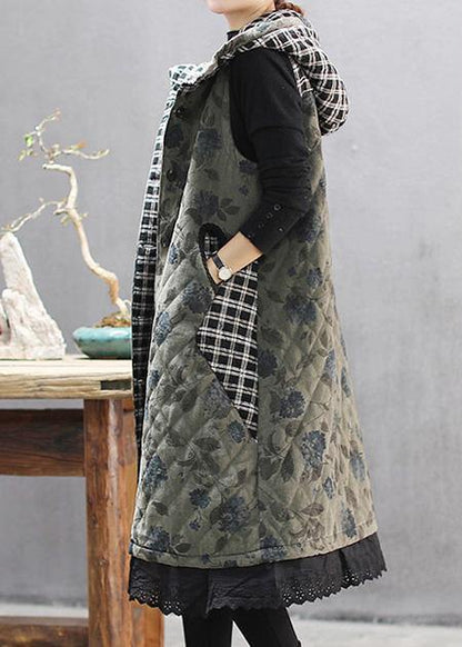 Green Print Winter Coats Hooded Sleeveless Outwear