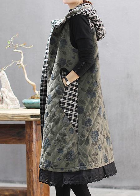 Green Print Winter Coats Hooded Sleeveless Outwear