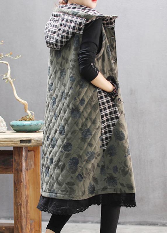 Green Print Winter Coats Hooded Sleeveless Outwear