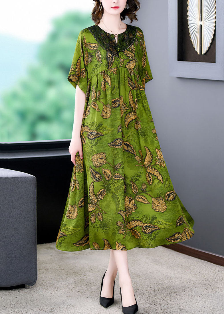 Green Print Wrinkled Patchwork Silk Long Dress Summer