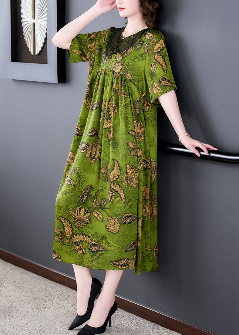 Green Print Wrinkled Patchwork Silk Long Dress Summer
