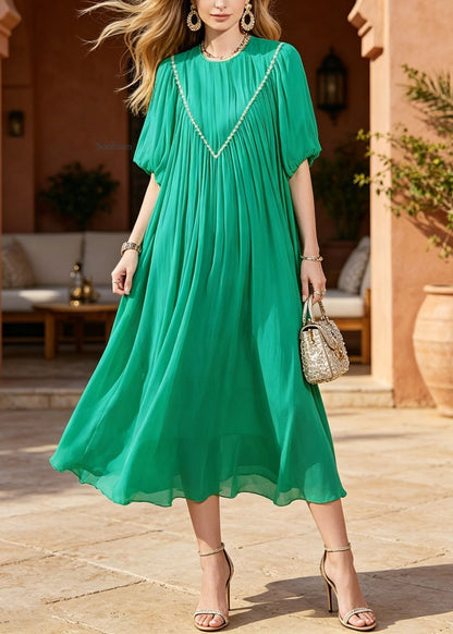 Green Puff Sleeve Nail Bead Chiffon Long Dresses