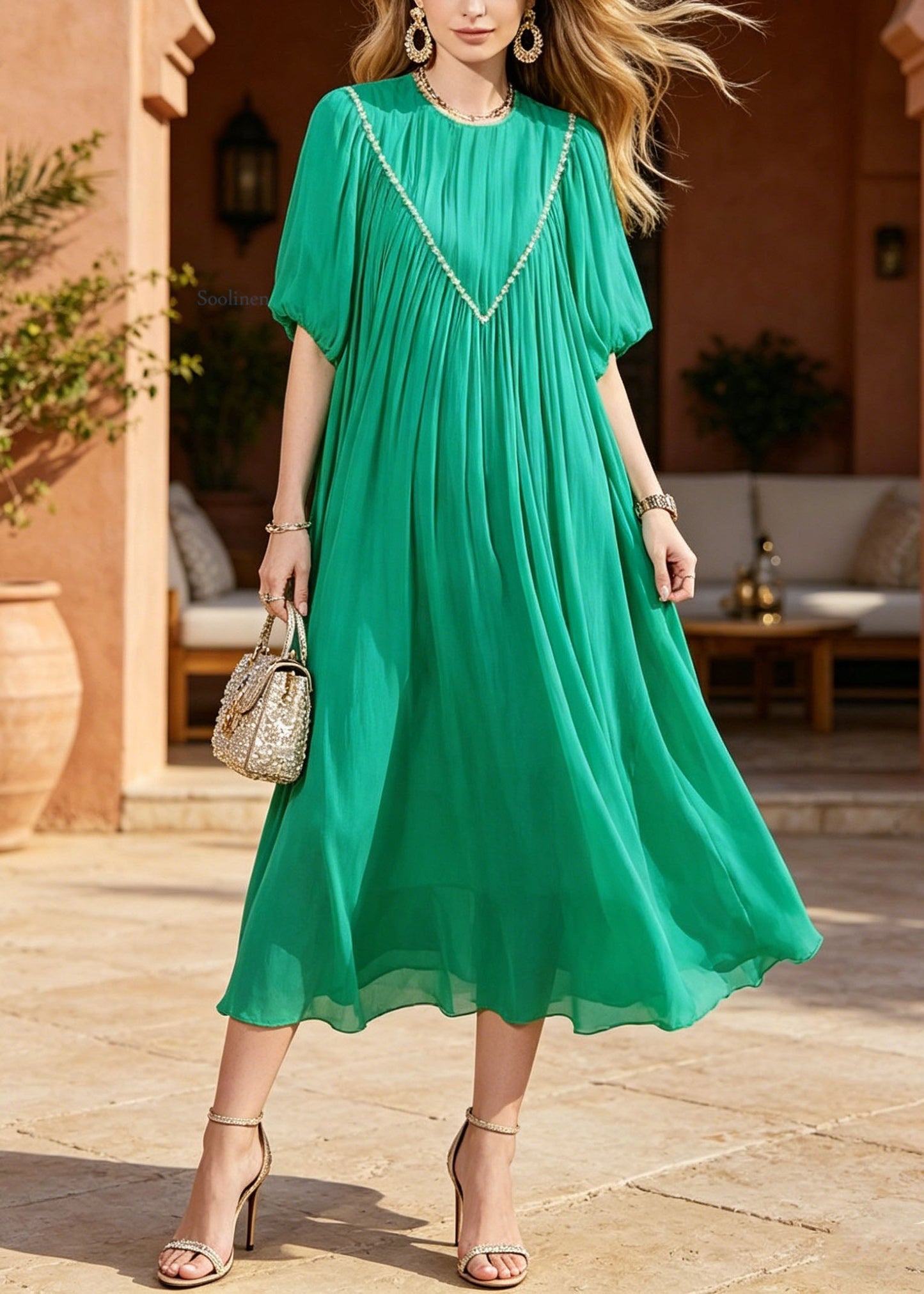 Green Puff Sleeve Nail Bead Chiffon Long Dresses