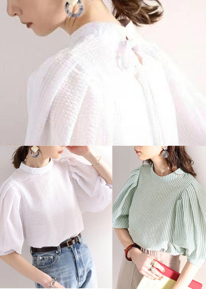 Green Puff Sleeve Striped Cotton Blouses