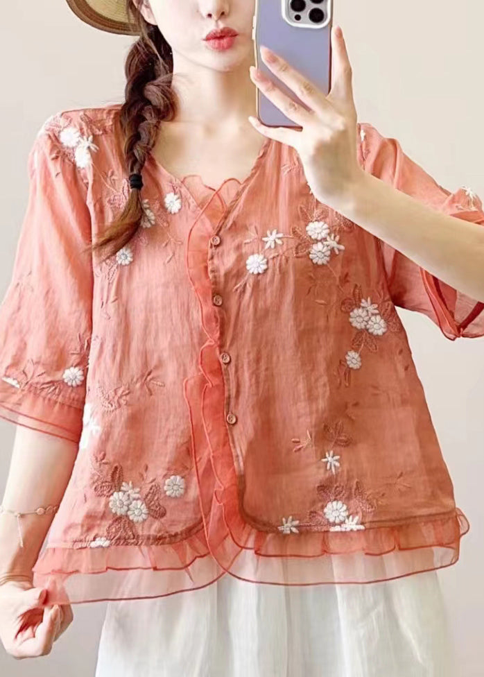 Green Ruffled Embroideried Patchwork Linen Blouse Top Summer