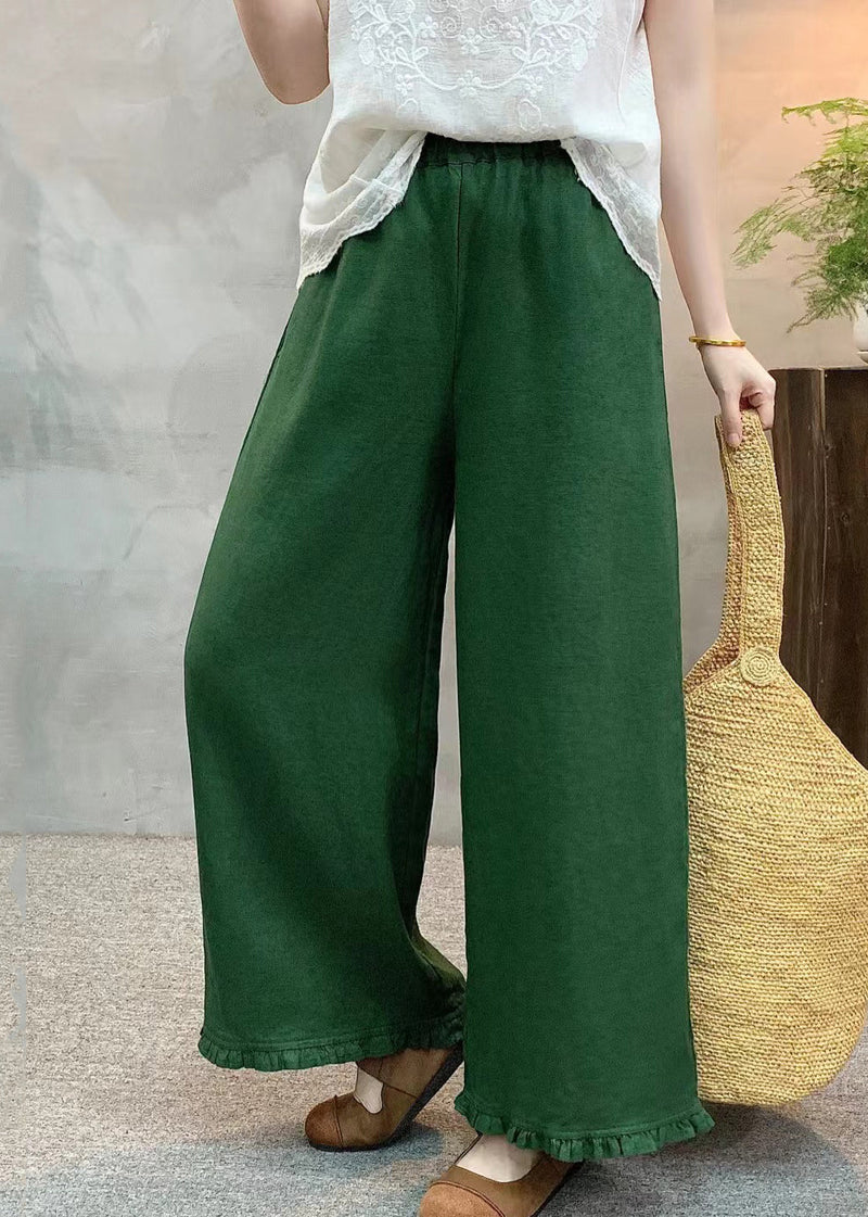 Green Ruffled Linen Wide Leg Pants Summer