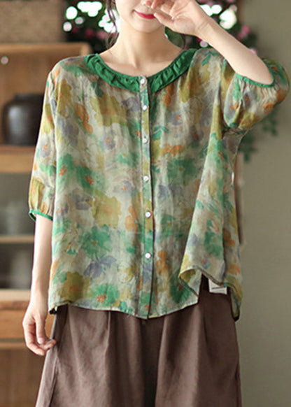 Green Ruffled Print Ramie Top Half Sleeve