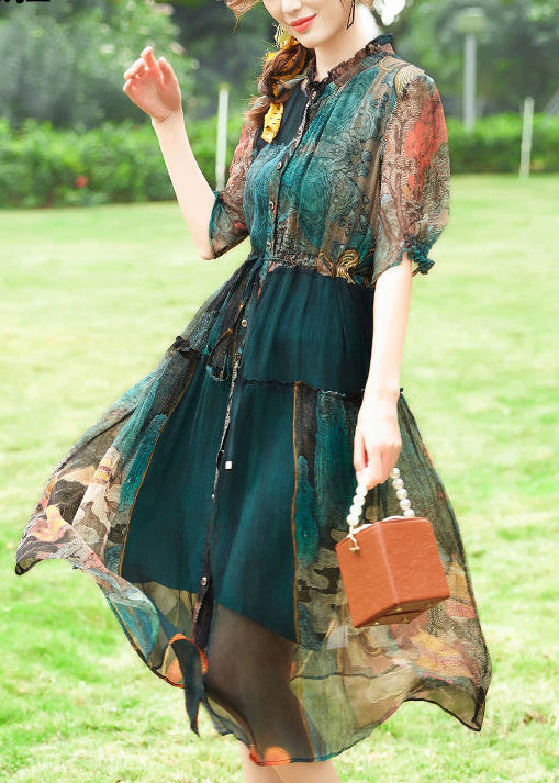 Green Ruffled Print Silk Cinched Dresses Summer
