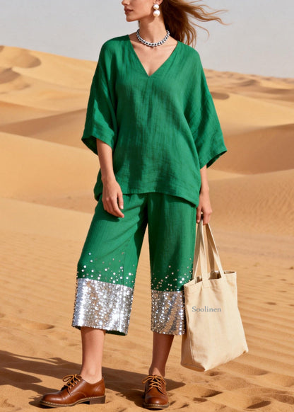 Green Sequins Patchwork Tops and Crop Pants Linen Two Pieces Set Half Sleeve