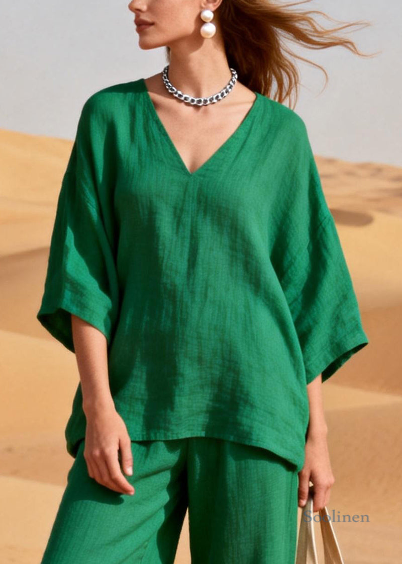 Green Sequins Patchwork Tops and Crop Pants Linen Two Pieces Set Half Sleeve