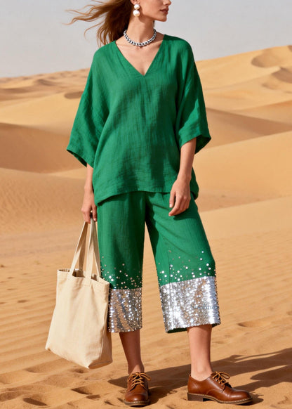 Green Sequins Patchwork Tops and Crop Pants Linen Two Pieces Set Half Sleeve